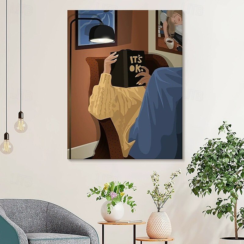 Handmade Oil Painting Canvas Wall Decoration Abstract Fresh And Healing Girl Reading a Book Art for Home Decor Rolled Canvas (No Frame)