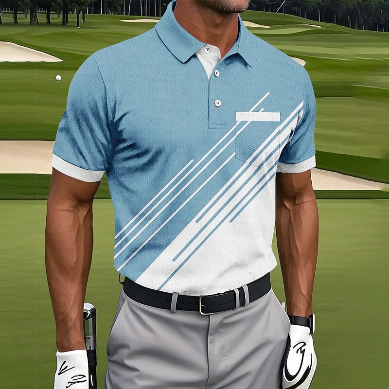 Men's Geometic Line Polo Short Sleeve Polo Shirts Collared Shirts Sportswear Casual Outdoor Athleisure Daily Wear Pocket 3D Print Buttons Summer Black Navy Blue Blue