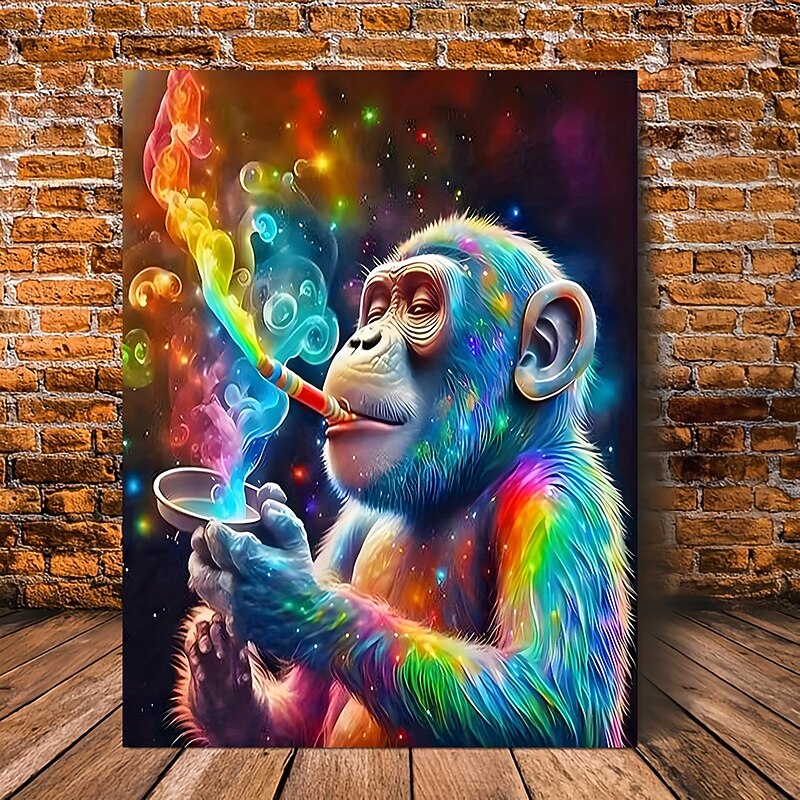 Vibrant Monkey Smoking Pipe Canvas Art Print - Frameless Colorful Cosmic Design for Home Bedroom Kitchen Living Room Bathroom Hotel Cafe Office Wall Decor Living Room Art  Vibrant