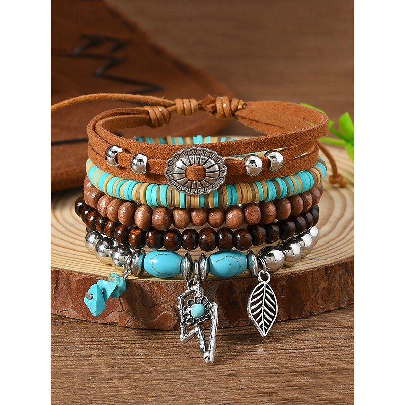 Women's Boho Beaded Layered Charm Bracelet Set – Vintage Style Wooden, Turquoise, and Suede Leather Bracelets with Leaf and Geometric Pendants, Ideal for Casual Wear, Festivals and Beach Vacations2