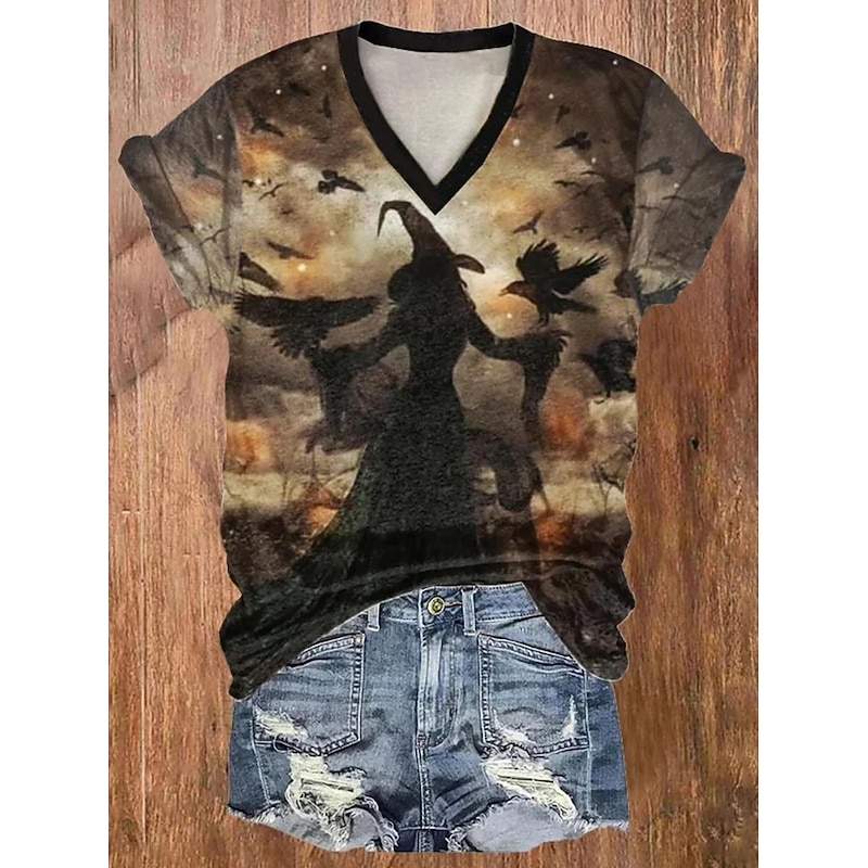 Halloween Women's T shirt Witch Graphic Stylish Casual Funny Short Sleeve V Neck Regular Tops Daily Cute Outfits Date Night Outfits Print Silver Black Brown Green Gray Summer Spring Fall