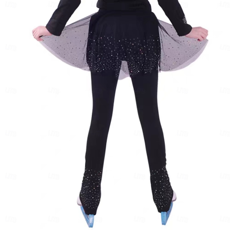 Over The Boot Figure Skating Tights Figure Skating Pants Women's Girls' Ice Skating Tights Bottoms Black Patchwork Mesh Spandex Stretchy Training Practice Professional Skating Wear Thermal Warm2