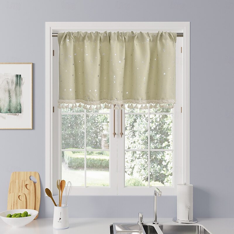 Curtain Drapes Modern Minimalist Silver Foil Star Lace Short Curtains - Kitchen Half-Drape, Soft Home Decor Fabric Door & Window Curtains