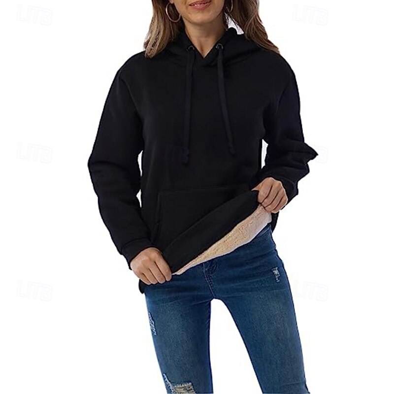 Women's Fleece Lined Pullover Sweatshirt Pajamas Pullover Hoodie Sweatshirt Plain Casual Long Sleeve Hooded Regular Tops Street Holiday Going out Patchwork Black Wine Light Grey Dark Gray Fall Winter2