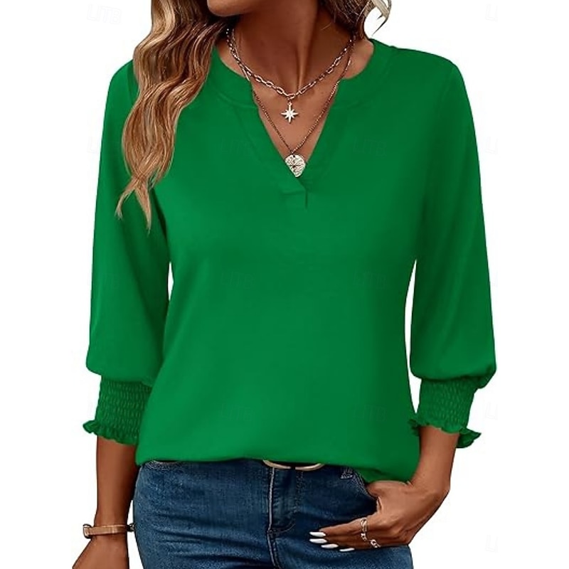 Women's Blouse Solid Color Stylish Casual 3/4 Length Sleeve V Neck Regular Tops Daily Print Black White Green Summer Spring Fall2