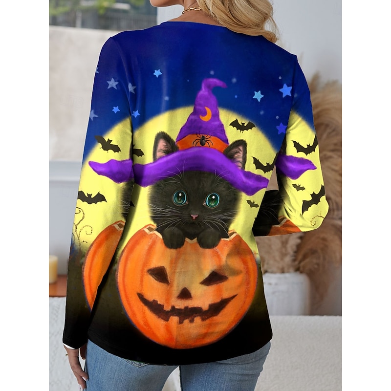 Kayomi Harai Halloween Women's T shirt Pumpkin Crew Neck Long Sleeve Tunic Graphic Animal Cat Vintage Stylish  Round Neck Regular Tops Daily Weekend Print Orange Fall2