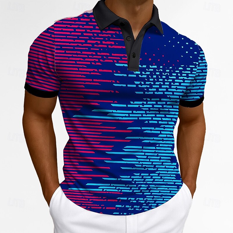 Men's Polo Business Casual Turndown Short Sleeve Fashion Geometric Color Block Buttons Summer Blue Green Polo - Main Image