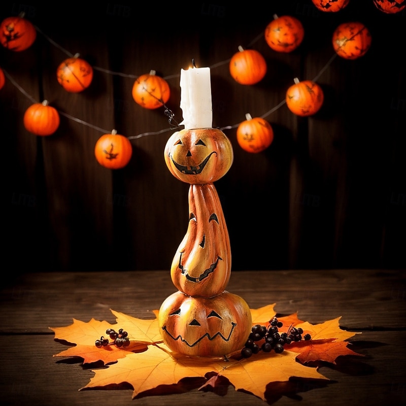 Halloween Stacked Pumpkin Candle Holder, Resin Sculpture Home Decor, Vintage-Inspired Halloween Tabletop Decoration for Party, Desktop, or Mantel, Candle Not Included