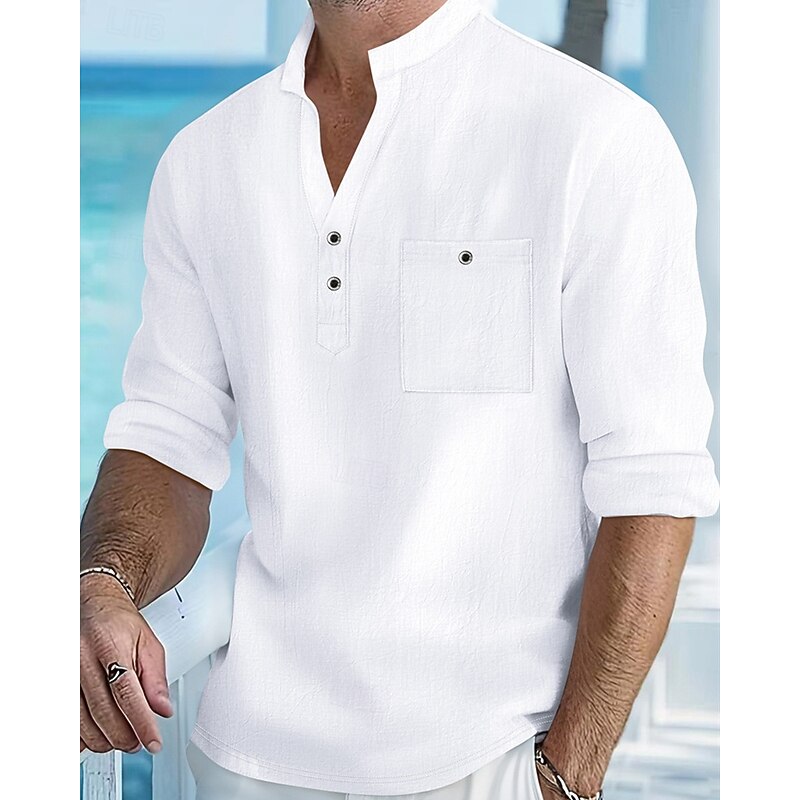 Men's Shirt Linen Shirt Popover Shirt Casual Shirt Cotton Shirt Plain Vacation Hawaiian Black White Yellow Light Purple Long Sleeve Band Collar Spring Fall Clothing Apparel Pocket