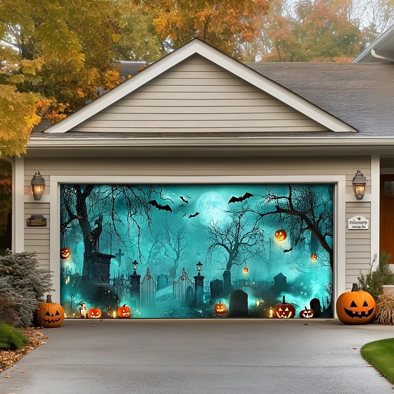 Halloween Garage Door Cover – Haunted Graveyard with Ghosts & Full Moon, Spooky Outdoor Decoration for 2025 Halloween Home Front Yard2