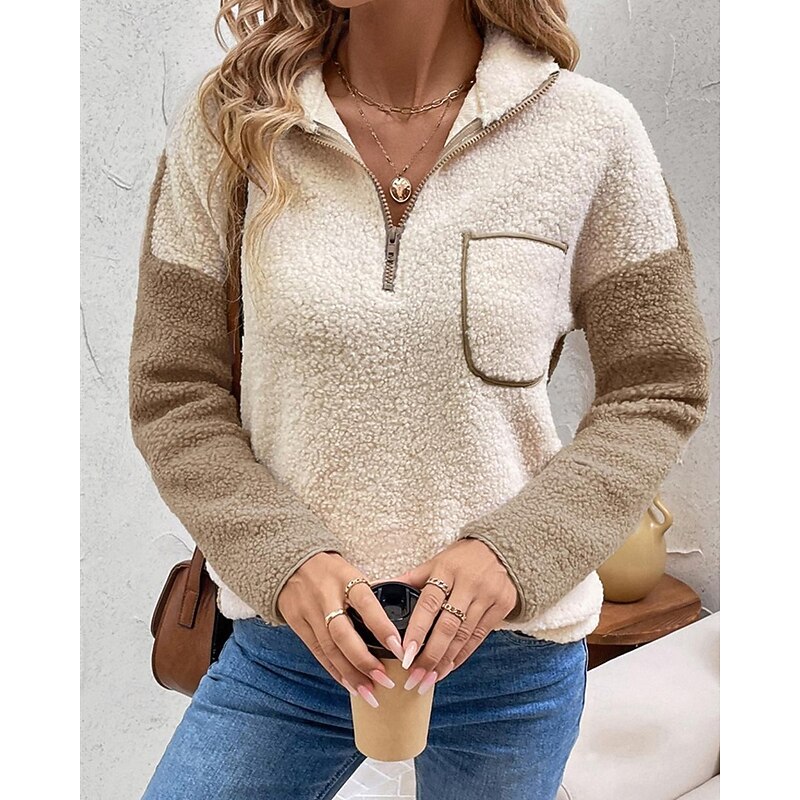 Women's Sweatshirts Zip Up Sweatshirts Color Block Streetwear Casual Sherpa Fleece Long Sleeve High Neck Regular Tops Street Holiday Going out Half Zipper Quarter Zipper Quarter Zip Khaki Winter