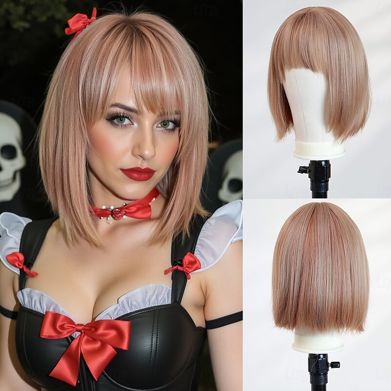 10-Inch Straight Blonde Bob Wig for Women – Full Bangs, Short Hair, Perfect for Halloween, Cosplay, and Fashion Looks