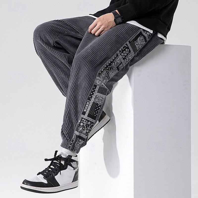Men's Athletic Pants Sweatpants Joggers Corduroy Pants Trousers Pocket Elastic Waist Drawstring Color Block Comfort Sports Outdoor Daily Ethnic Style Casual Black Light Grey Micro-elastic3