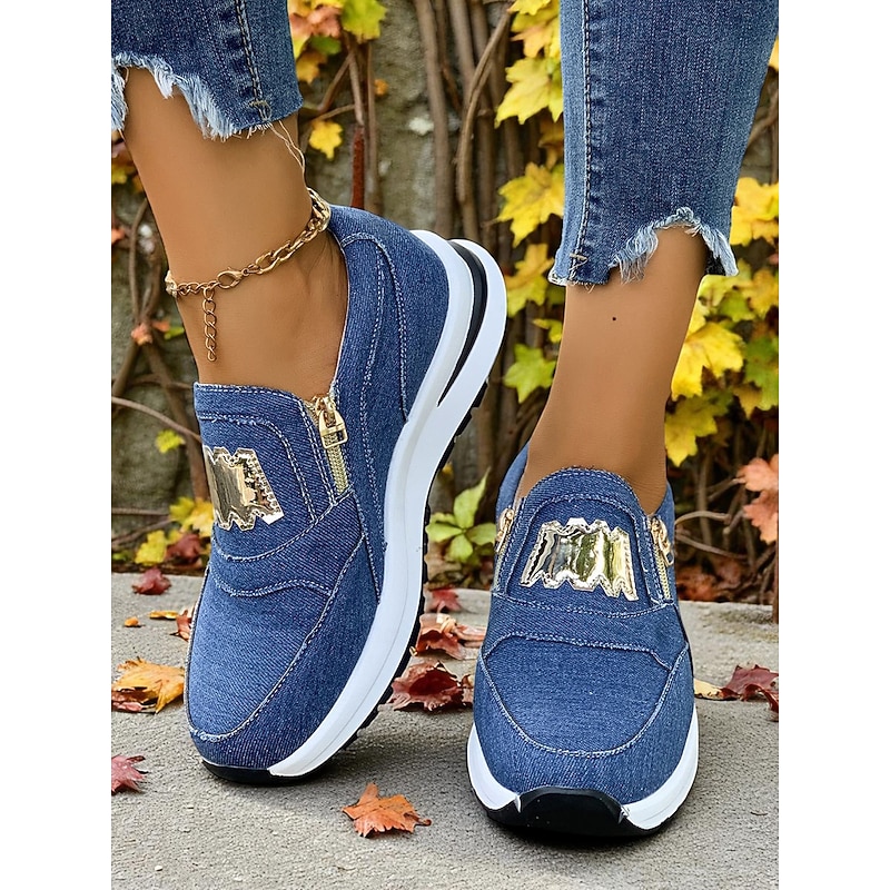 Women's Denim Slip-On Sneakers with Gold Detail – Lightweight Casual Walking Shoes with Side Zipper for Shopping, Urban Commutes and Weekend Getaways2