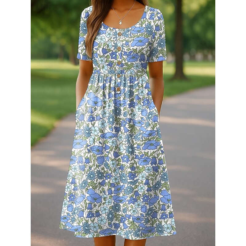 Women's Midi Dress Casual Dress Sundress A Line Dress Summer Dress Vacation Casual Beach Holiday Regular Fit Floral Graphic Short Sleeve Crew Neck Pink Blue Green Beige Summer Spring4