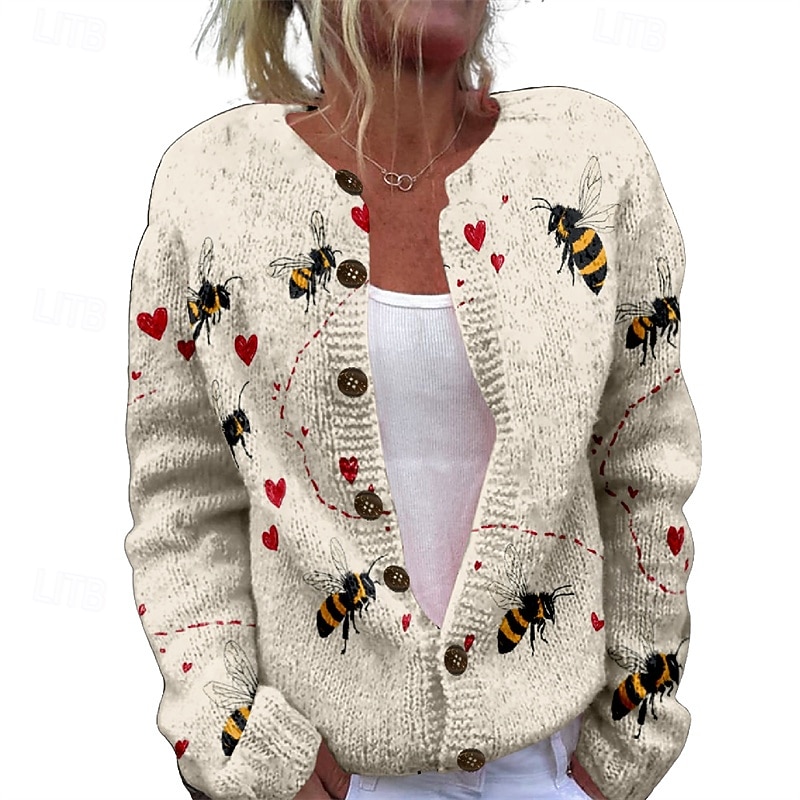 Women's Sweater Cardigan Fashion Streetwear Daily Animal Ribbed Open Front Knitted Print Long Sleeve Long Tops Knit Holiday Going out Weekend Yellow Khaki Fall Winter