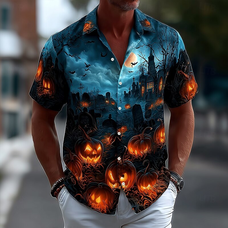 Halloween Men's Pumpkin Haunted House Halloween Costumes Shirt Button Up Shirt Short Sleeve Dark Punk Gothic Style Holiday Streetwear Summer Spring Turndown 3D Print Collared Shirts Blue Dark Blue2