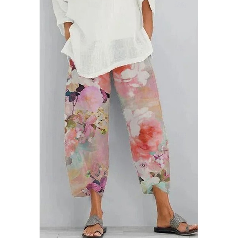 Women's Slacks Vacation Vintage Ethnic Style Ankle-Length High Waist Floral Graphic Elastic Waistband Comfy Breathability Soft Inelastic Outdoor Street Daily Light Green Pink Green Summer Spring2