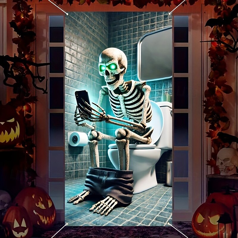 2D Door Banner 1pc Halloween Skull Bathroom Door Banner Multipurpose Polyester Party Decoration Haunted House Horror Theme No Electricity Needed with Indoor & Outdoor Use for Photo Booth2