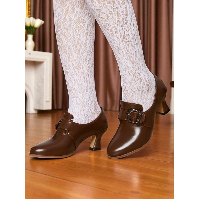 Women's Green Victorian Buckle Heeled Shoes – Retro 1900s Edwardian Style Mid-Heel Pumps with Pointed Toe, Elegant Vintage Footwear for Cosplay, Tea Parties, and Formal Occasions2