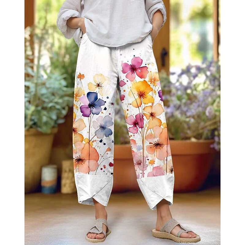 Women's Slacks Pants Trousers Vacation Vintage Casual Ankle-Length High Waist Graphic Butterfly Elastic Waistband Comfy Breathability Soft Inelastic Outdoor Street Daily Black Yellow Orange Summer3