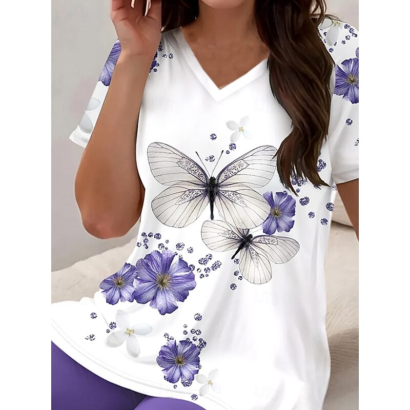 Women's Fashion Daily T Shirt Shorts Sets Short Sleeve V Neck Ombre Floral Butterfly Print Daily Casual Daily Light Green Grape Ocean Blue Summer Regular Fit2