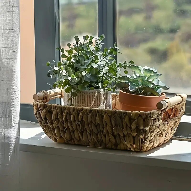 Bohemian Style Woven Storage Basket with Wooden Handle, Multi-Purpose Organizer for Bathroom, Bedroom, and Living Room4