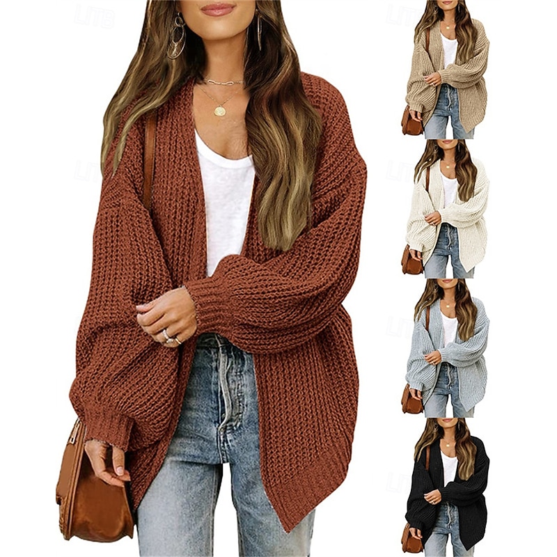 Women's Sweater Cardigan Fashion Streetwear Daily Solid Color Ribbed Open Front Knitted Long Sleeve Regular Tops Knit Holiday Going out Weekend Black Khaki Fall Winter