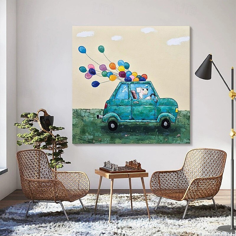 Handmade Oil Painting Canvas Wall Art Decoration Modern Cartoon Car Balloon Puppy for Home Decor Stretched Frame Hanging Painting/Rolled Canvas (No Frame)4