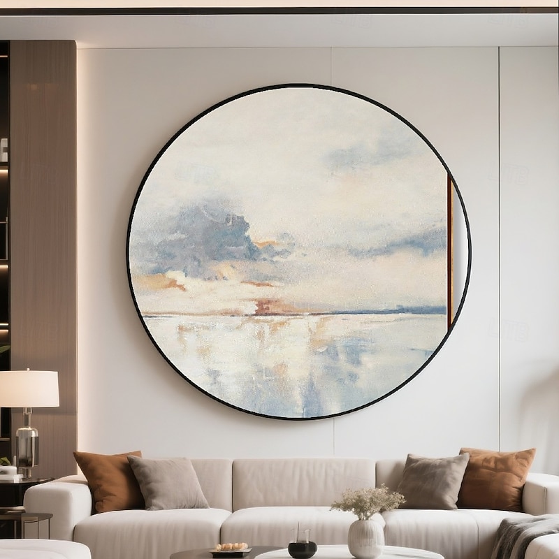 Handmade Circular Oil Painting Abstract Ocean Seascape Soft Clouds Misty Sky Reflection Textured 3D Brushstrokes Blue White Gray Terracotta Modern Wall Art Ready To Hang Include Inner Frame4