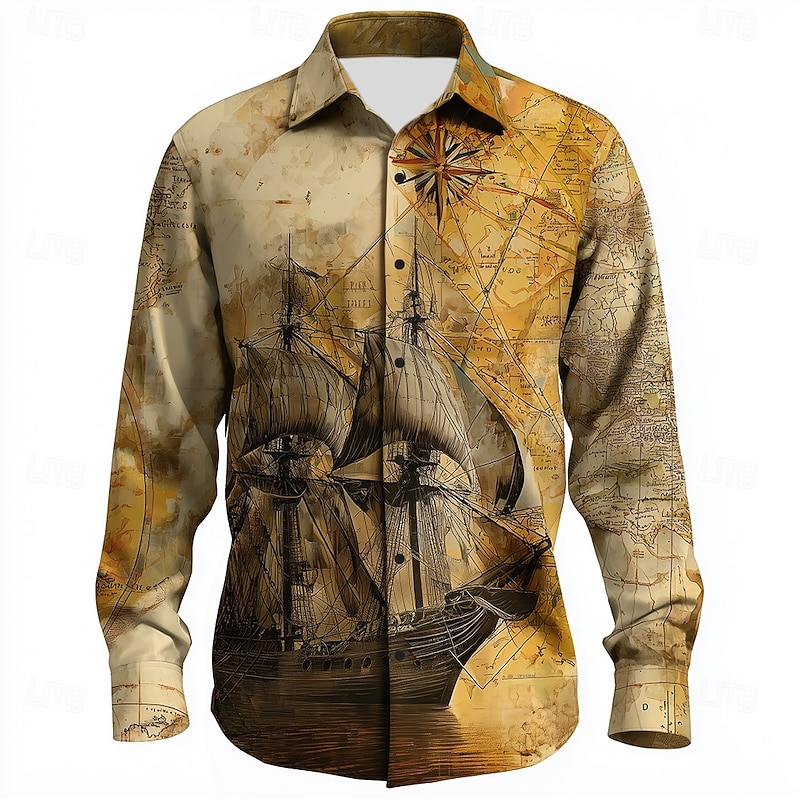 Men's Nautical Sailboat Shirt Button Up Shirt Casual Dress Shirt Long Sleeve Vintage Retro Vacation Daily Streetwear Summer Spring Turndown 3D Print Collared Shirts Khaki