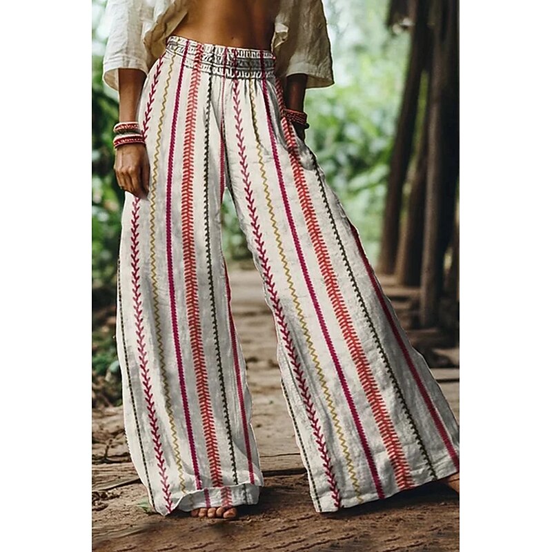 Women's Culottes Wide Leg Vacation Vintage Ethnic Style Full Length High Waist Graphic Stripe Abstract Quick Dry Breathability Soft Inelastic Formal Outdoor Vacation Red Blue Green Summer Spring2