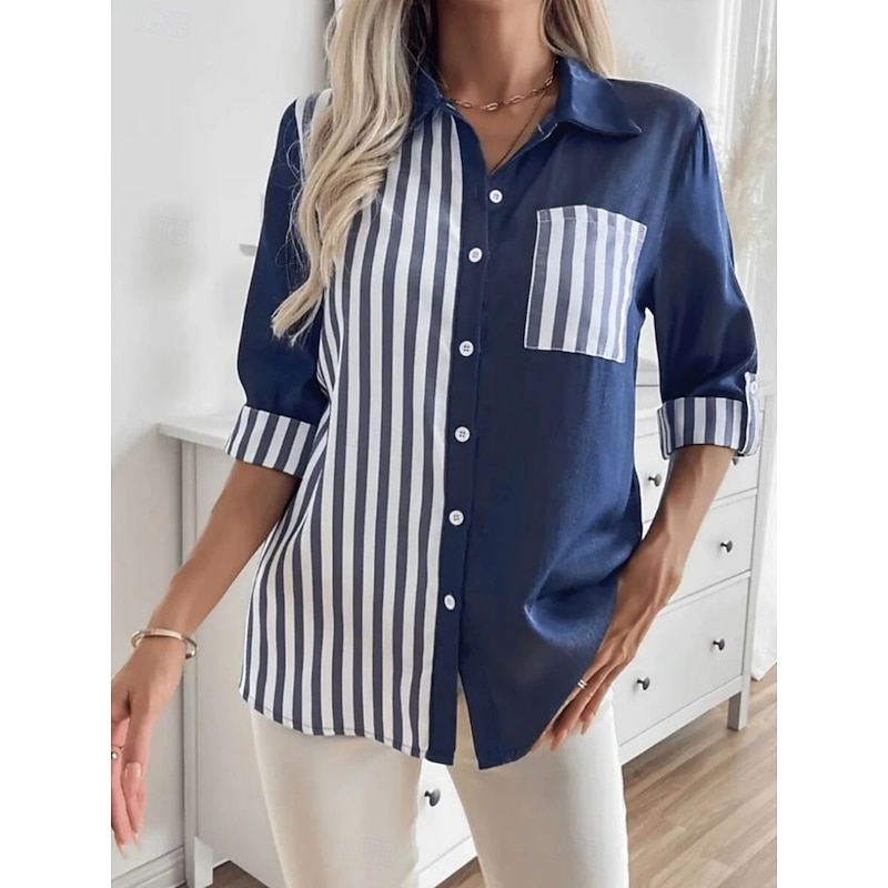 Women's Shirt Plaid Stylish Modern Long Sleeve Shirt Collar Regular Tops Daily Holiday Pocket Buttons Print Navy Blue Summer