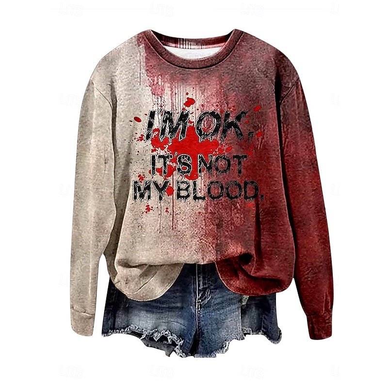 Halloween Women's Pullover Sweatshirt Letter Punk Retro Casual Long Sleeve Crew Neck Regular Tops Party Evening Wear Street Casual Print Wine Red Khaki Spring Fall Winter