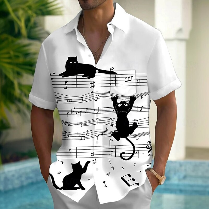 Men's Boardmasters Animal Cat Shirt Summer Shirt Button Up Shirt Short Sleeve Fashion Casual Outdoor Vacation Dailywear Summer Spring Turndown 3D Print Collared Shirts Front One Pocket White