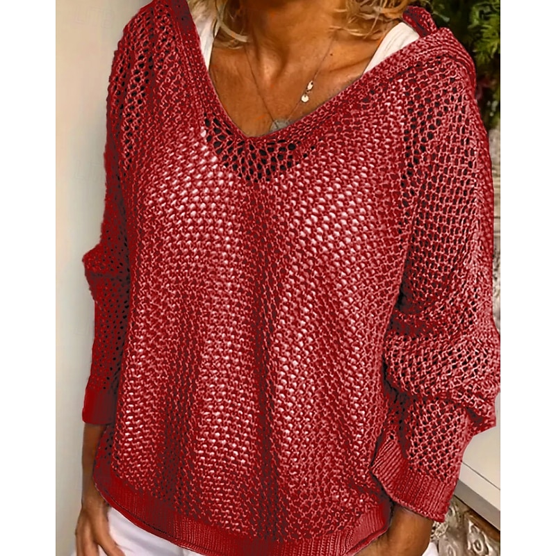 Women's Sweater Casual Solid Color Ribbed Hooded Hollow Out Knitted Long Sleeve Regular Tops Knit Daily Holiday Going out Wine Red Light Green Fall2