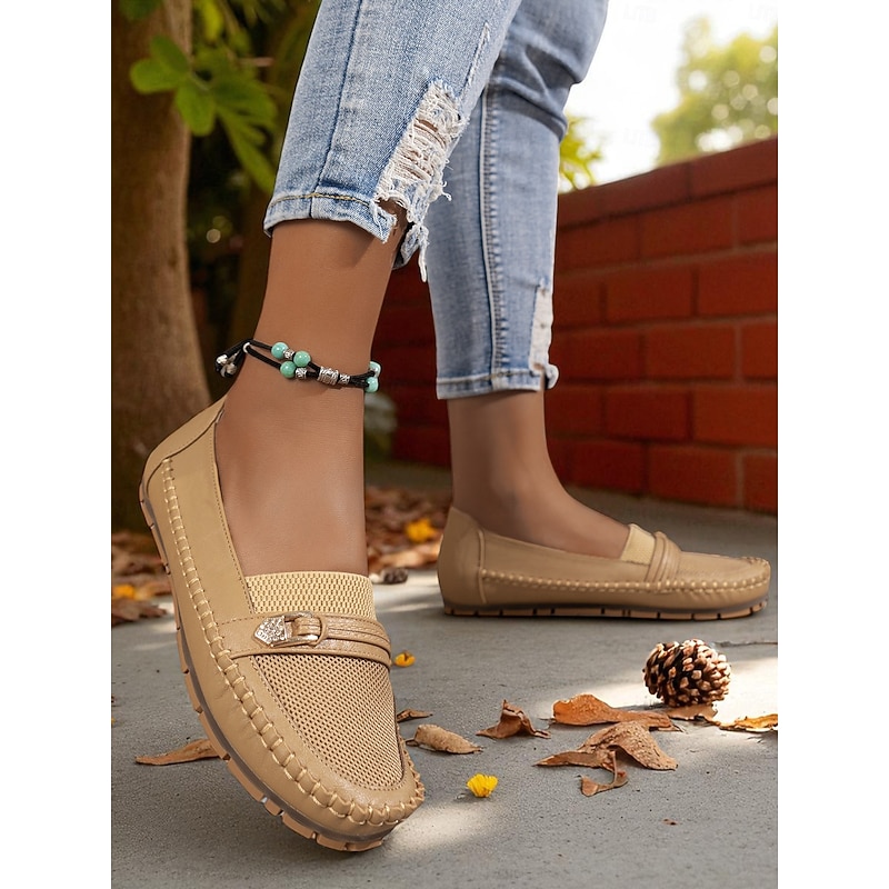 Women's Gray Mesh Moccasin Loafers – Breathable Slip-On Driving Flats with Buckle Detail for Work, Casual Days & Autumn Strolls2