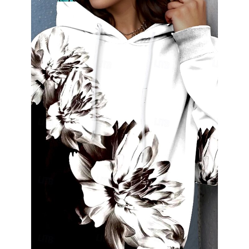 Women's Hoodie Pullover Sweatshirt Oversized Long Sleeve Casual Graphic Floral Color Block Warm Active Hooded Regular Tops Street Dailywear Drawstring Print Black Spring Fall Winter2