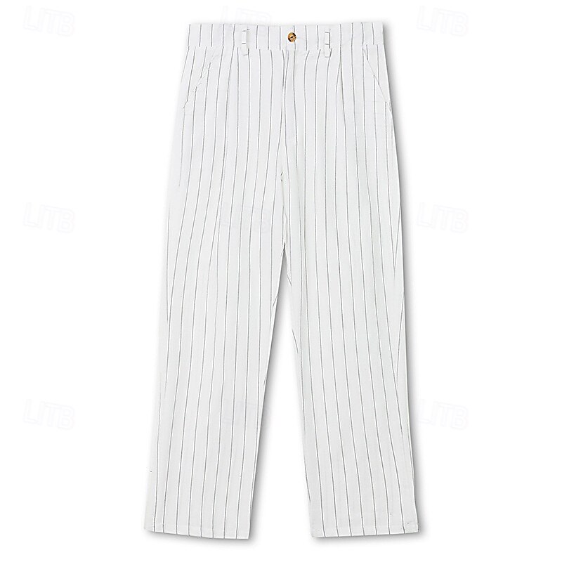Men's Linen Pants Trousers Summer Pants Beach Pants Pocket Straight Leg Striped Comfort Breathable Vacation Daily Holiday Hawaiian Boho Black White2