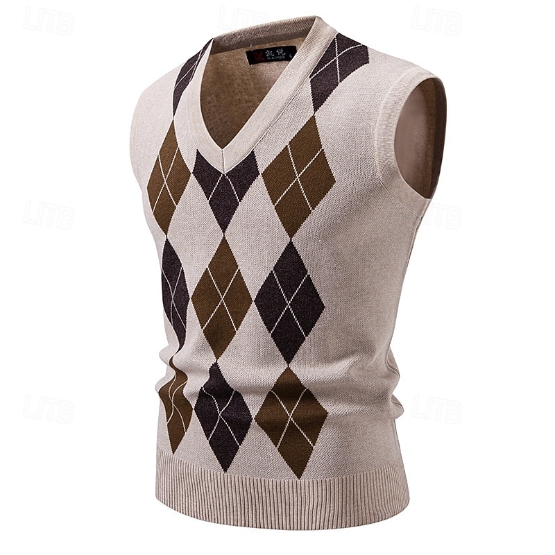 Men's Sweater Sweater Vest Pullover Sweater Jumper Ribbed Knit Regular Tops Knitted Slim Fit Argyle V Neck Knitwear Vintage Casual Daily Wear Clothing Apparel Fall Black Navy Blue M L XL2