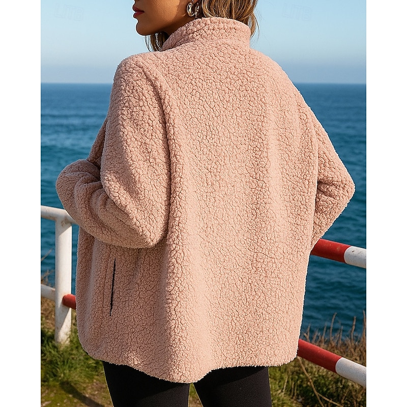 Women's Outdoor Recreation Coatv Polar Soft Fleece Jacket Pocket Full Zip Long Sleeve Top Athleisure Solid Colored Windproof Lightweight Warm Hiking Workout Athletic Sportswear Activewear Black White2