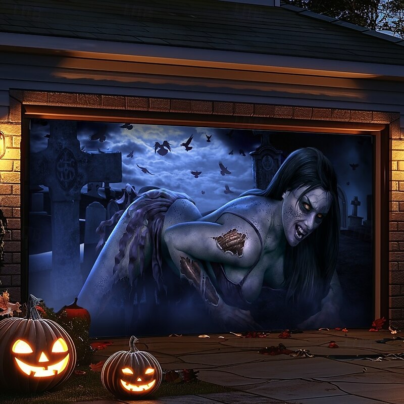 Halloween Outdoor Garage Door Cover Hot Zombie by Tom Wood Skeletons Banner Large Tapestry Backdrop Decoration for Holiday Outdoor Garage Door Home Wall Decorations3
