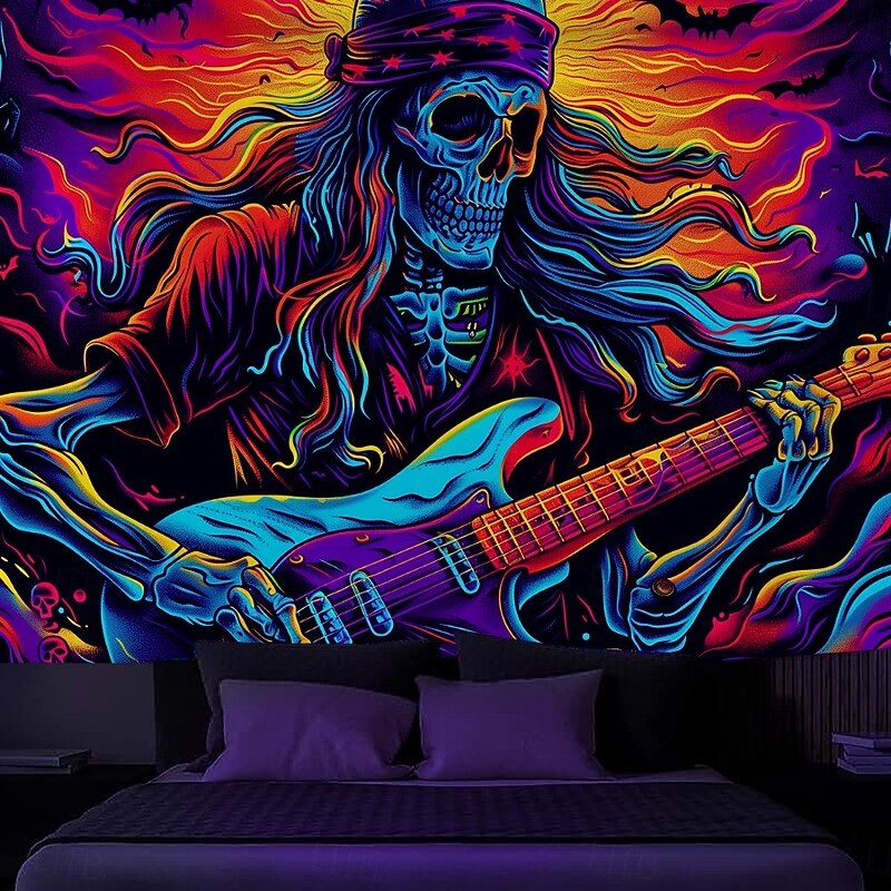 Halloween Blacklight Wall Tapestry – UV Reactive Zombie Musicians with Jack-o'-Lanterns, Neon Colors Scene, Glow in the Dark Horror Backdrop for 2025 Halloween Party Decoration2