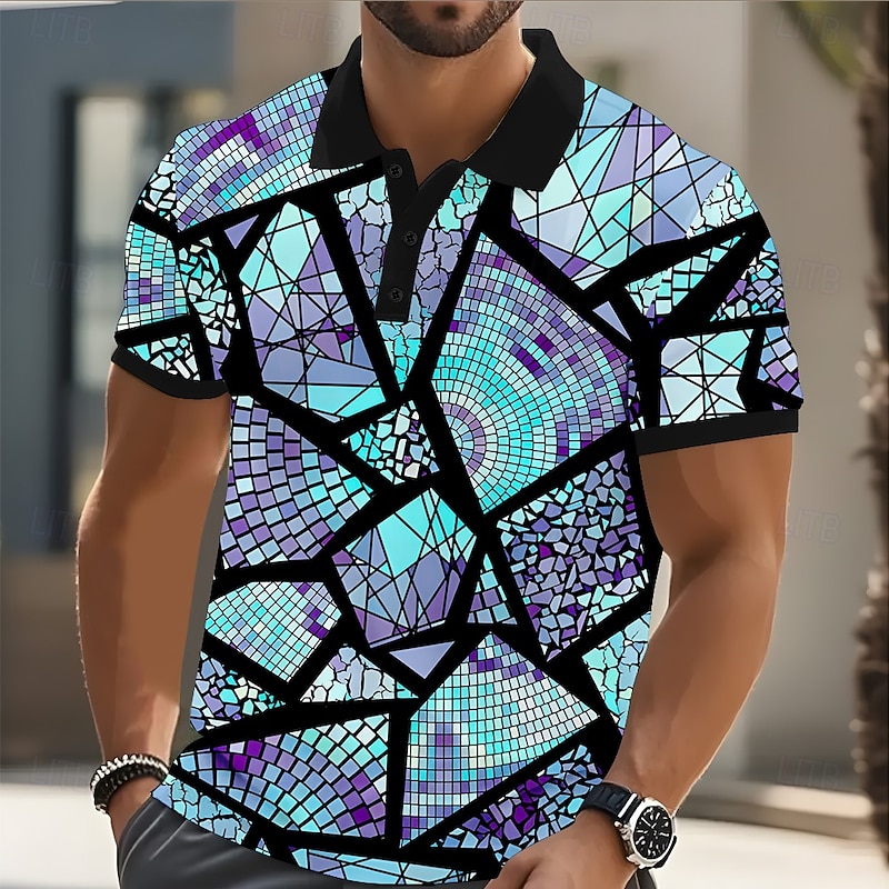 Men's Abstract Geometic Polo Short Sleeve Polo Shirts Collared Shirts Casual Athleisure Daily Wear Streetwear Buttons Summer Blue Purple Orange2