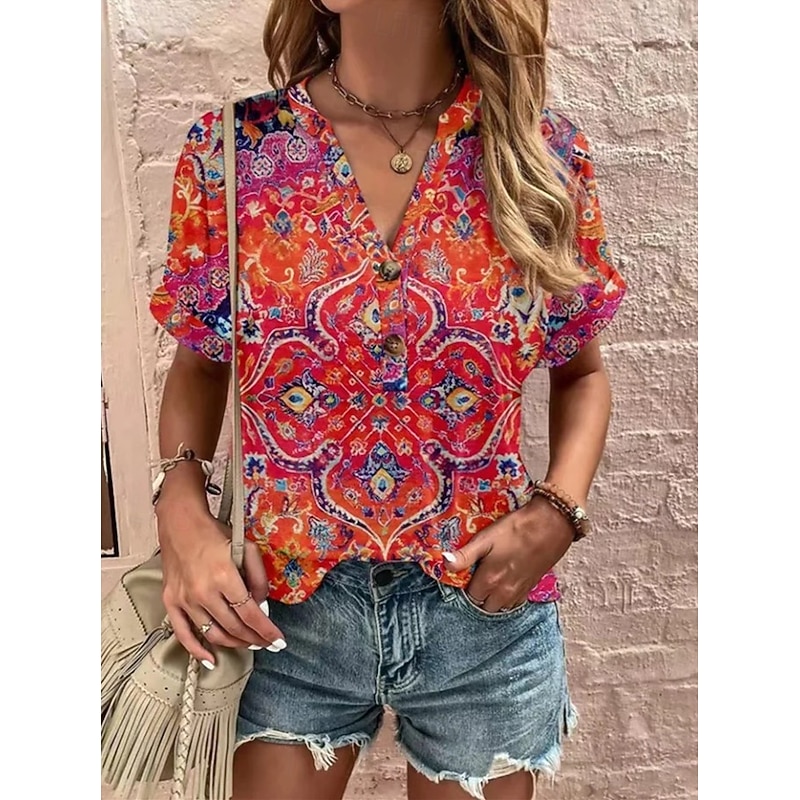 Women's T Shirt Ombre Floral Graphic Vintage Stylish Classic Short Sleeve V Neck Notched Neck Regular Tops Daily Weekend Print White and gray Red Blue Orange off-white Summer Spring3