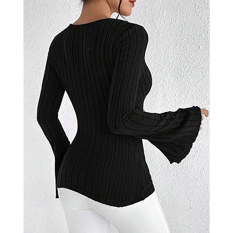 Women's Texture Blouse T Shirt Plain Fashion Modern Long Sleeve V Neck Regular Tops Daily Tunic Black Army Green Gray Summer4