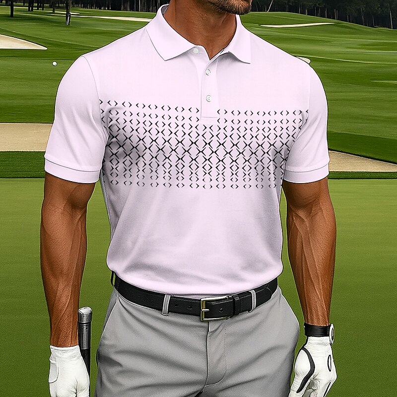 Men's Polo Casual Sports Turndown Short Sleeve Fashion Leisure Geometic Golf 3D Print Buttons Summer Lake Blue White Blue Lilac-Pink Polo3