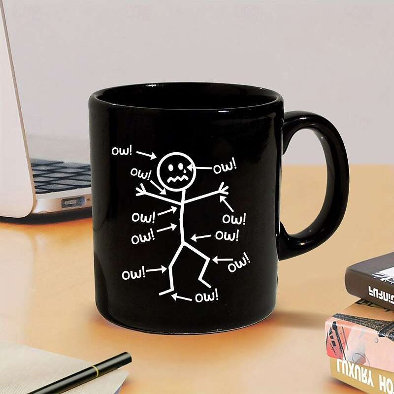 Funny Coffee Mug Ow Stick Figure Pain Chart Black Ceramic Mug 11oz 330ml Sarcastic Gag Gift for Friends Coworkers Adults4