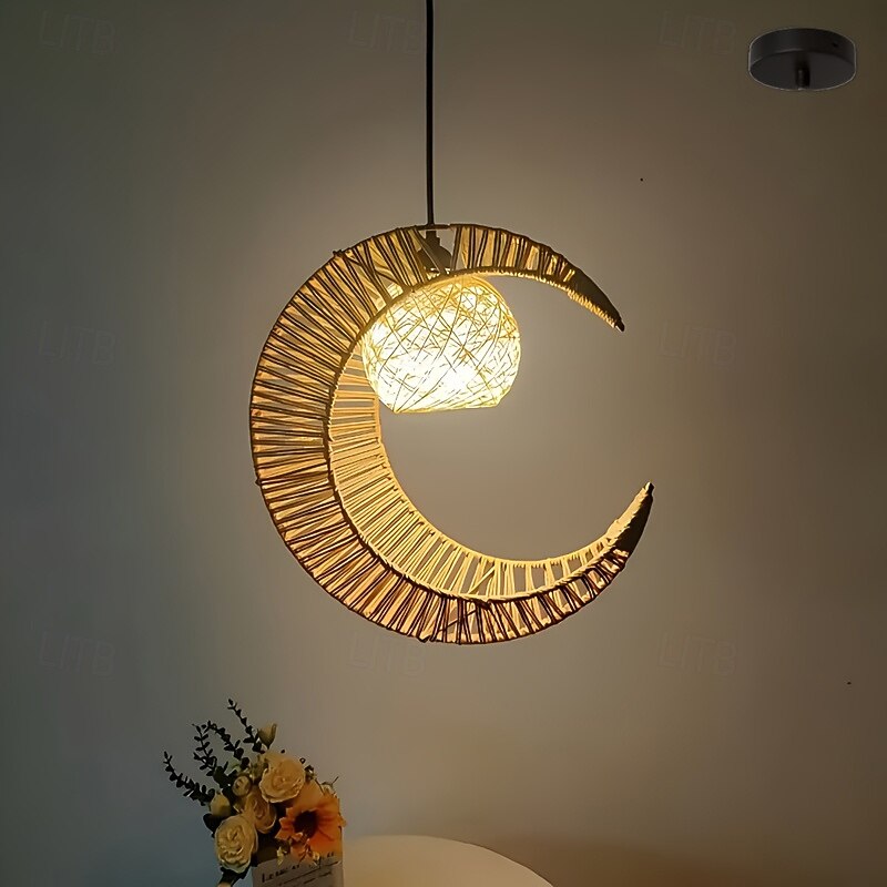 Country Vintage Crescent Moon Pendant Light, Metal Braided Rope Material, 40cm Height, Warm White/White Light, E26 E27, Adjustable Chain4