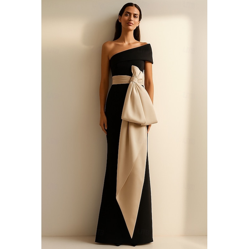 Black Tie Bow Mermaid  Evening Gown Elegant Dress Formal Wedding Guest Floor Length Sleeveless One Shoulder Stretch Crepe with Bow(s)